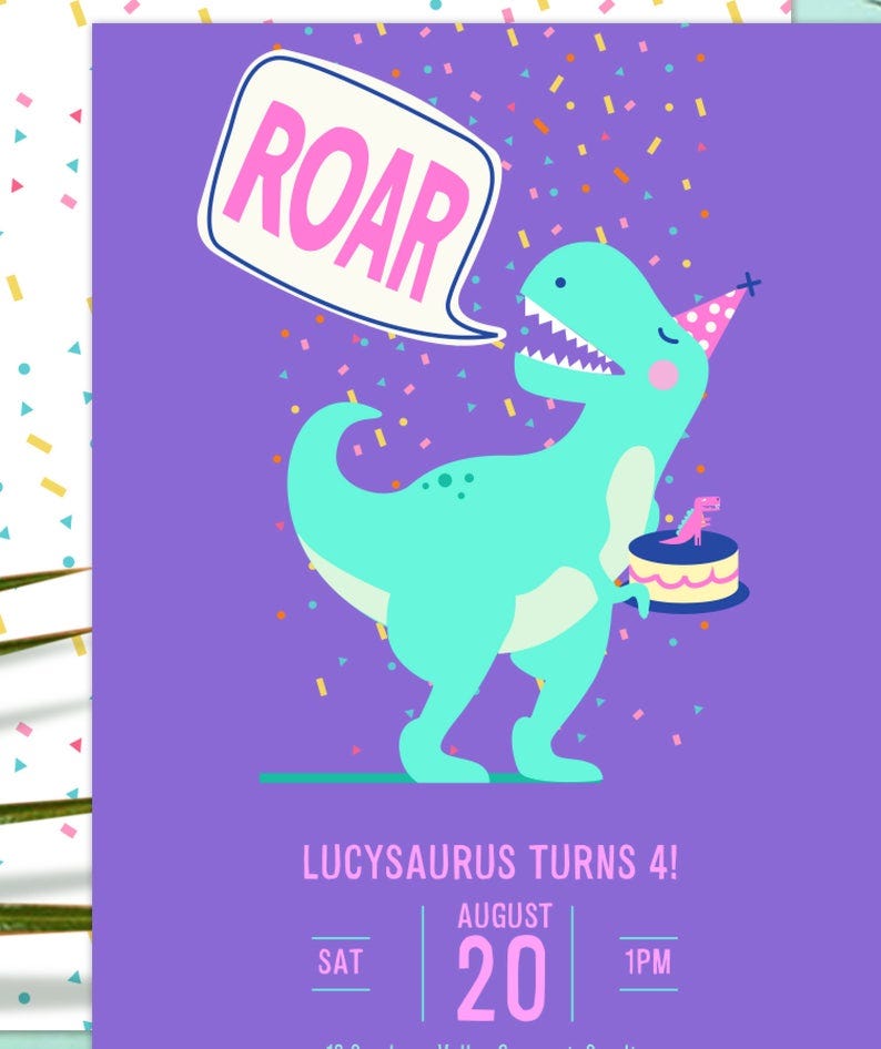 Dinosaur T-Rex Pool Party Girl Pink Birthday Invitation