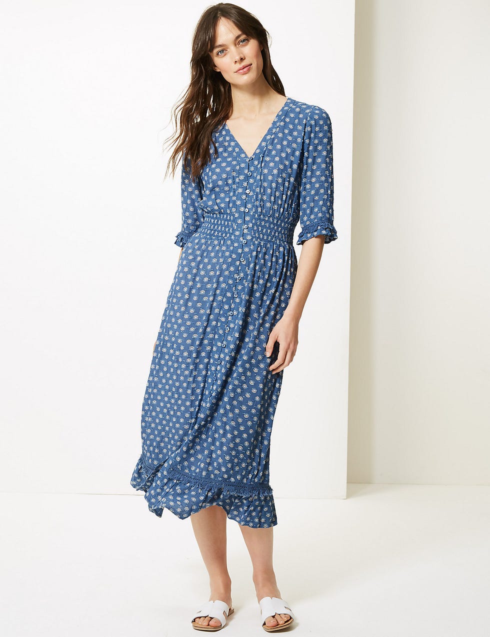 Floral Print Dobby Waisted Midi Dress
