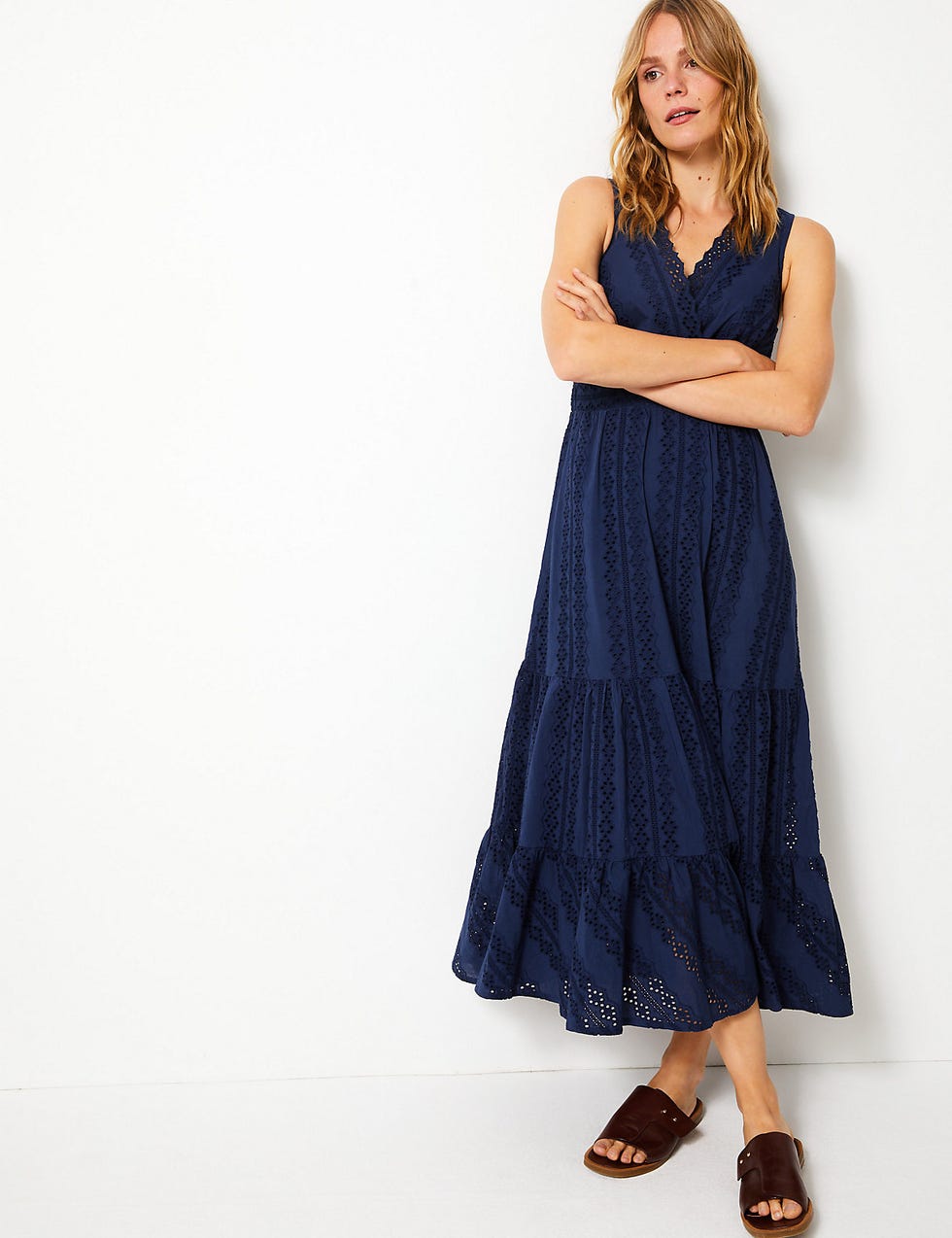 Pure Cotton Embroidered Waisted Maxi Dress