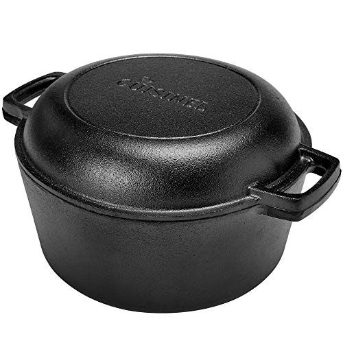 Pre-Seasoned Cast Iron Skillet and Double Dutch Oven Set – 2 In 1 Cooker: 5 Quart Deep Pan, 10