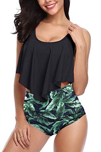 Aixy Womens Black Flounce Swimsuit Top High Waisted Bottom Tummy Control Plus Size Swimwear Vintage Bathing Suits