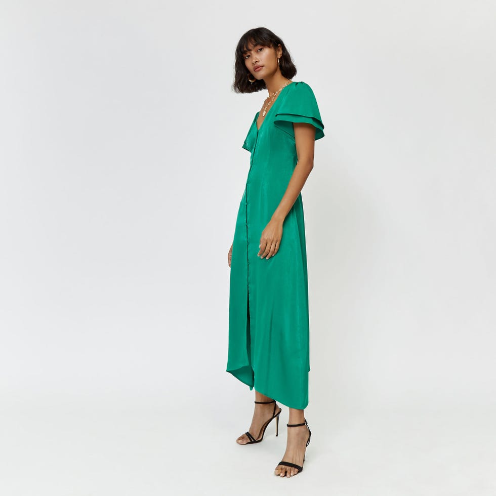 Satin Frill Sleeve Tea Dress