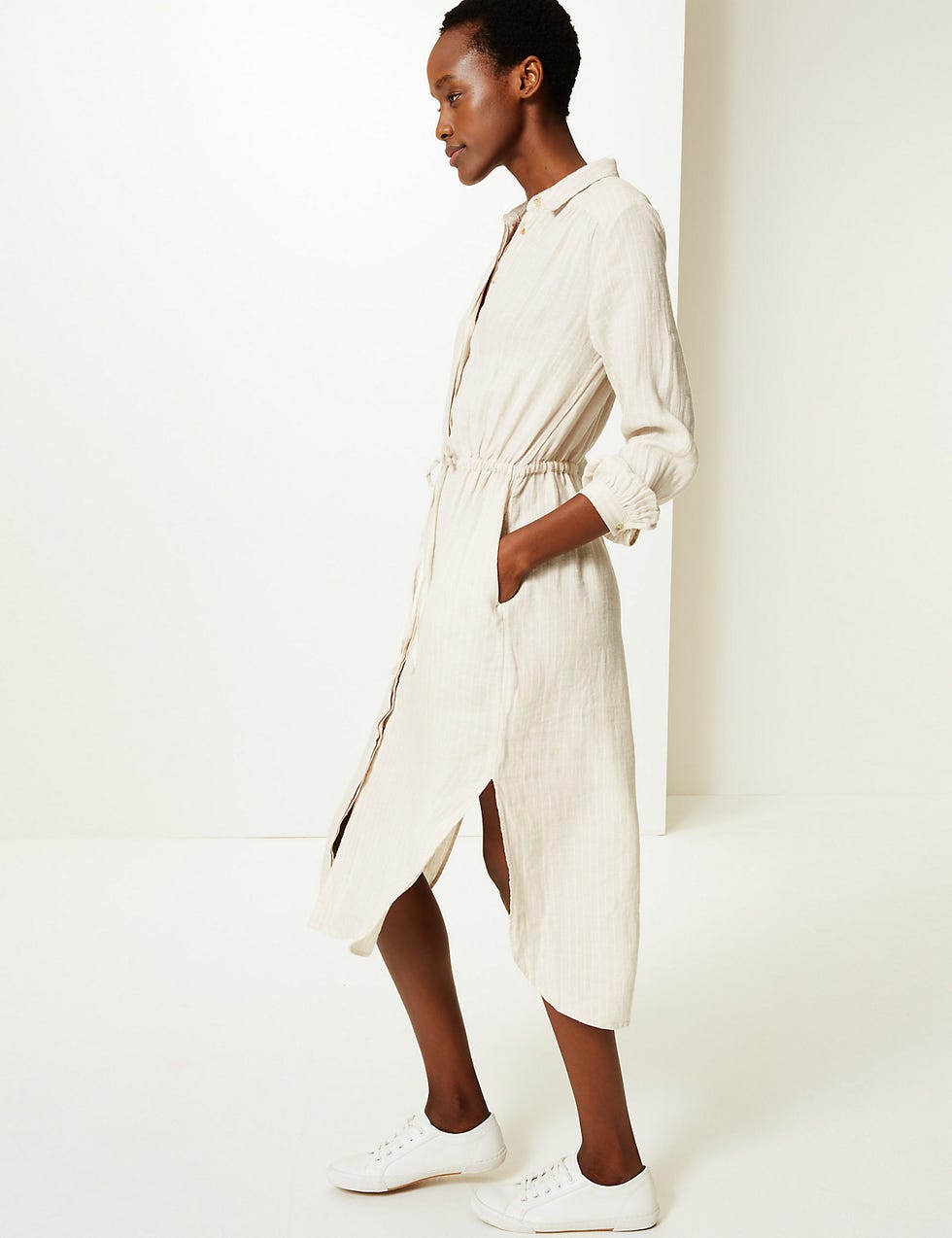 M&S Collection Pure Linen Striped Midi Shirt Dress 