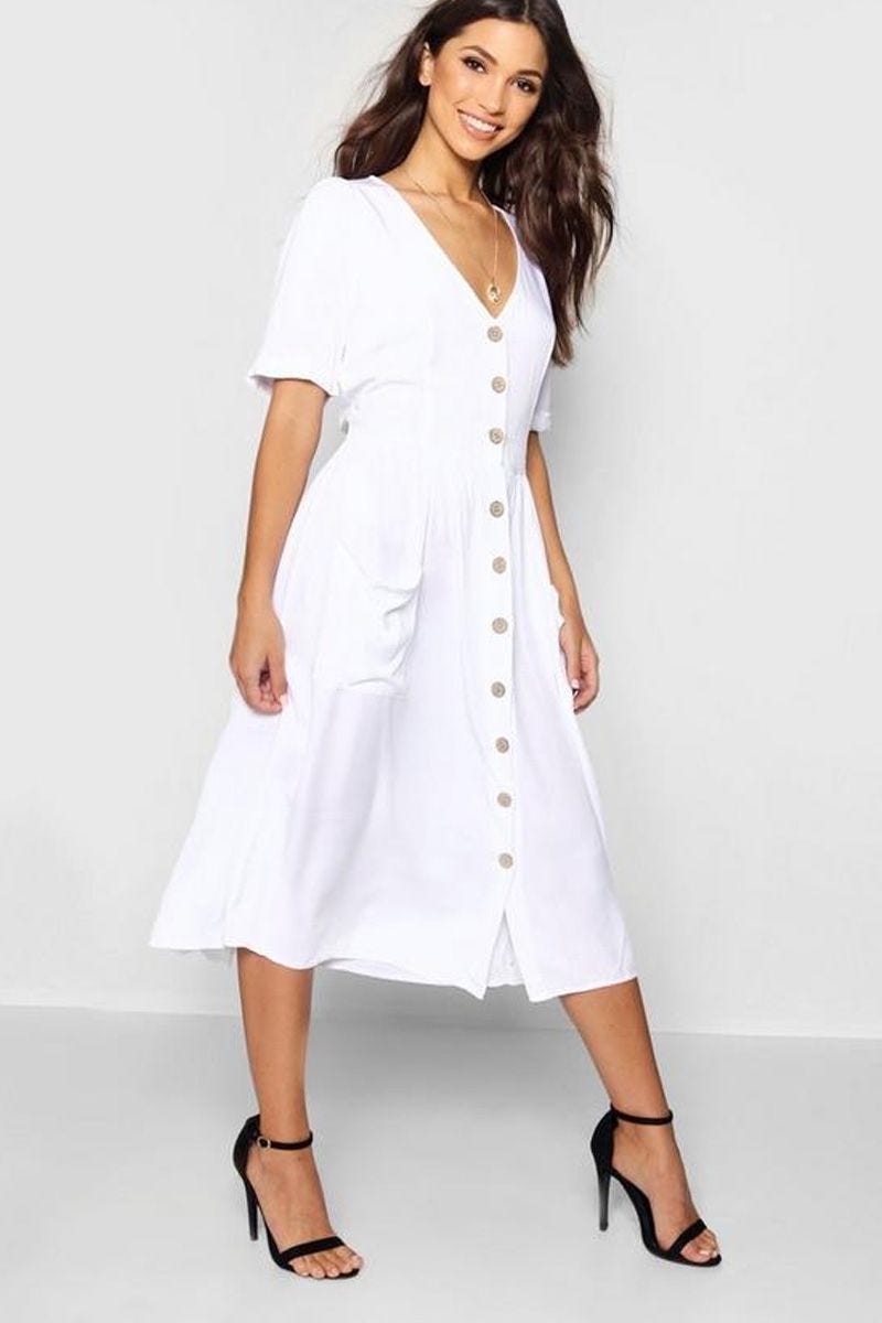 Button Front Pocket Detail Midi Dress