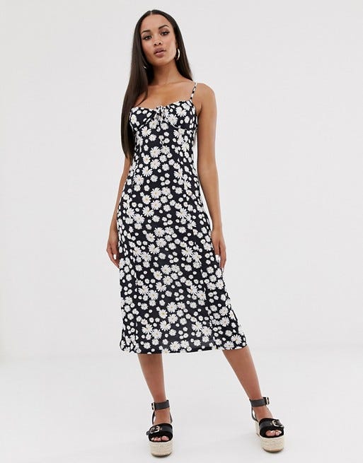 ASOS DESIGN midi slip sundress in daisy print with tie