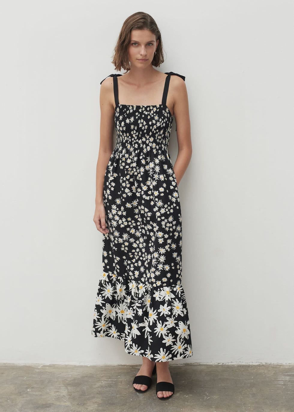 Black Cotton and Silk Floral Sun Dress