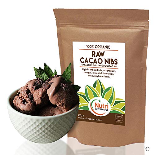 Puntas de Cacao Orgánicas Crudas (Nibs), Chocolate Negro Puro Vegano, Sin Azucares Añadidos, Rico en Magnesio, Ideal para preparar platos, Batidos Energéticos, Barras Energéticas y galletas - 400g