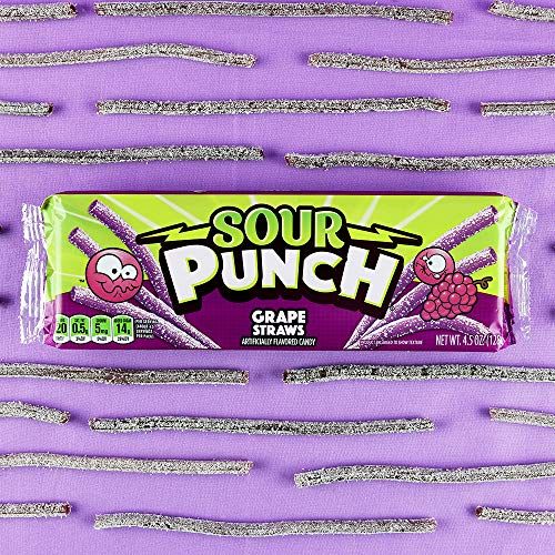 Sour Punch Straws, Sweet & Sour Grape Fruit Flavor, Chewy Candy, 4.5oz Tray (6 Pack)