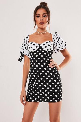 Black Heart Print Milkmaid Mini Dress