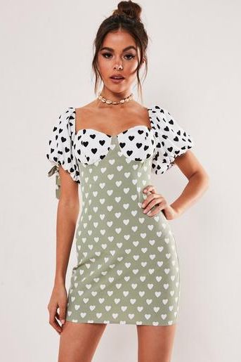 Green Heart Print Milkmaid Mini Dress