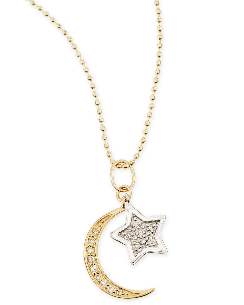 14k Yellow Gold Moon, White Gold Star Necklace with Diamonds