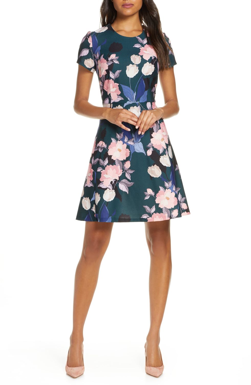 Floral Print Short Sleeve Fit & Flare Dress