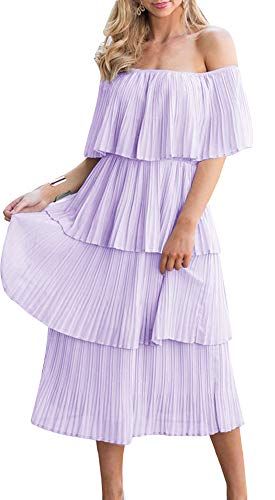 ETCYY Women's Off The Shoulder Summer Chiffon Tiered Ruffle Pleated Casual Midi Dress Purple