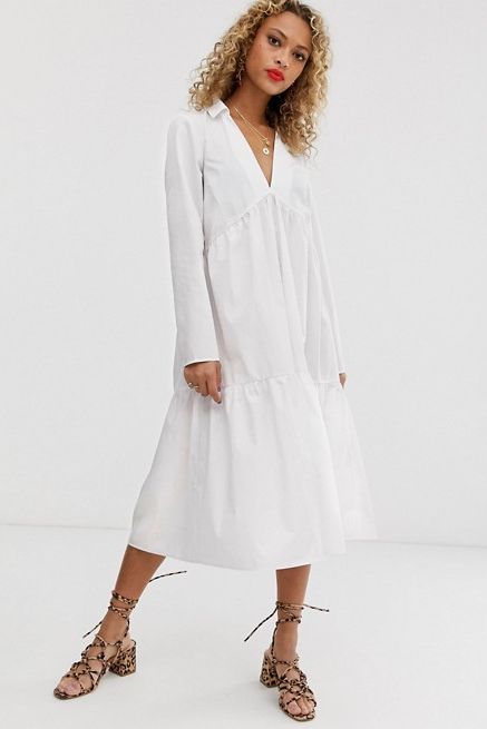 Tiered collared cotton smock midi dress with long sleeves