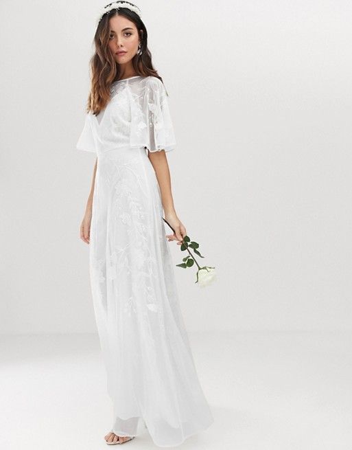 Embroidered Flutter Sleeve Wedding Dress Beach Embroidered Flutter Sleeve Wedding Dress Beach