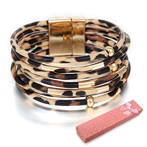 Avenche Leopard Bracelets for Women Metal Pipe Charm Multilayer Wide Leather Wrap Bracelet (Khaki)