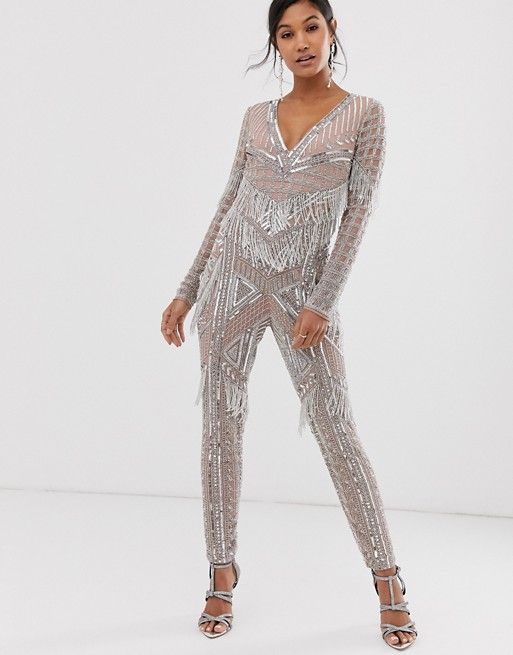 asos edition sequin & fringe cut out jumpsuit