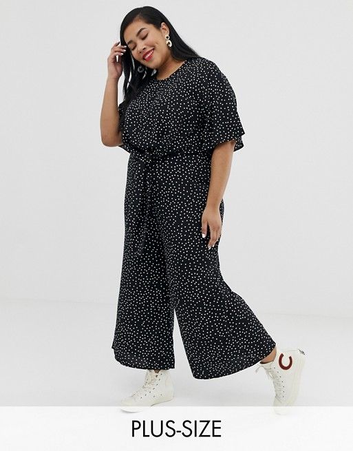 Glamorous Curve relaxed jumpsuit with tie front in spaced spot print