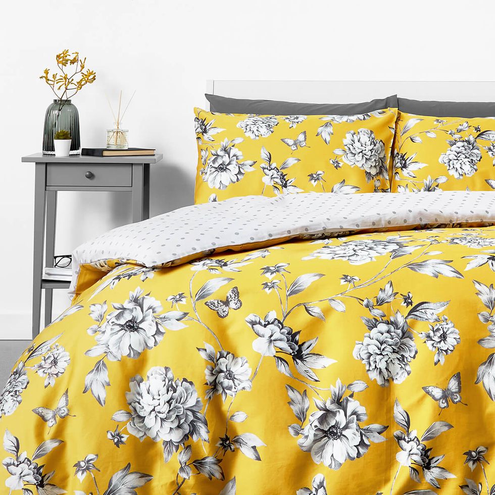 Folk Flora Yellow Floral Duvet Cover Set, Ochre Bedding