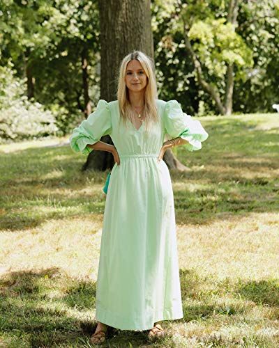 The Drop Women's Spearmint Green Loose Fit V-Neck Balloon Sleeve Maxi Dress by @thefashionguitar, XS