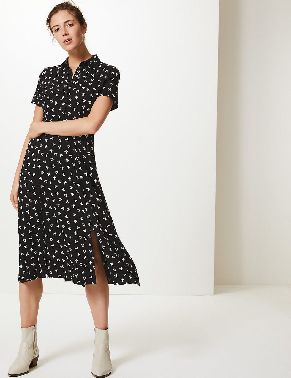Floral Print Shirt Midi Dress 