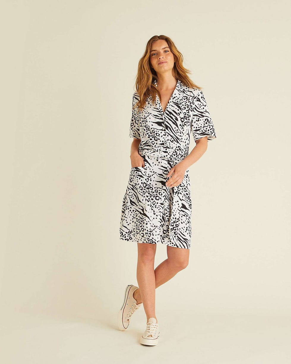 Zebra Print White Mini Shirt Dress