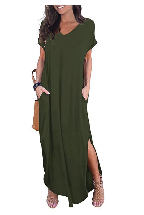 grecerelle women's casual loose pocket long dress short sleeve split maxi dresses