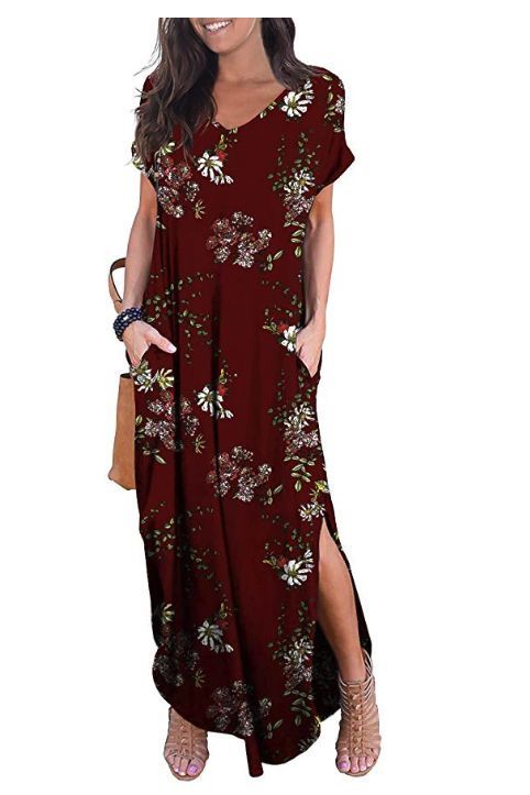 Grecerelle women's casual loose pocket long store dress short sleeve split maxi dresses