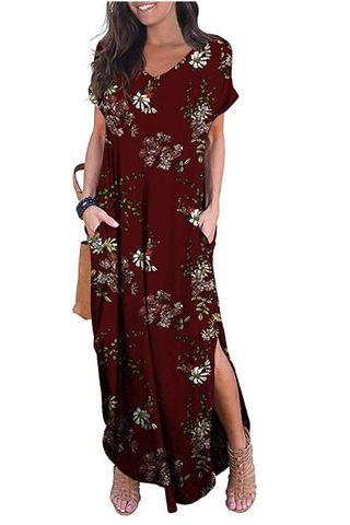 Women's Casual Long Dress in Flower Wine Red