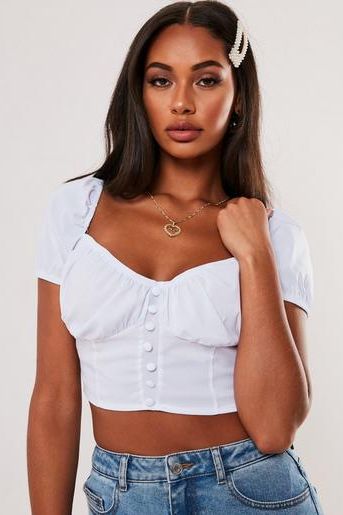 White Button Front Milkmaid Crop Top