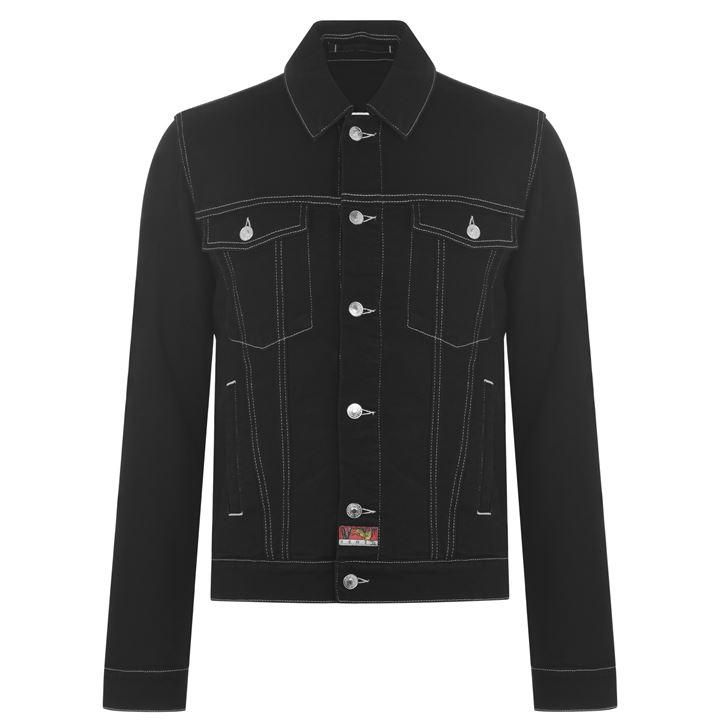 black jean jacket with white stitching