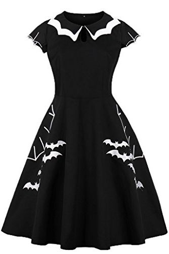 Bat Spider Web Embroidery Halloween Vintage Dress