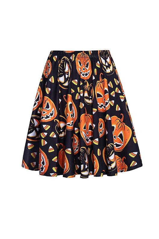 Pumpkin Print Flared Mini Skirt