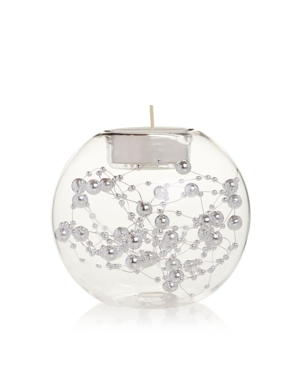 Silver Bead Large Glass Tealight Candle Holder