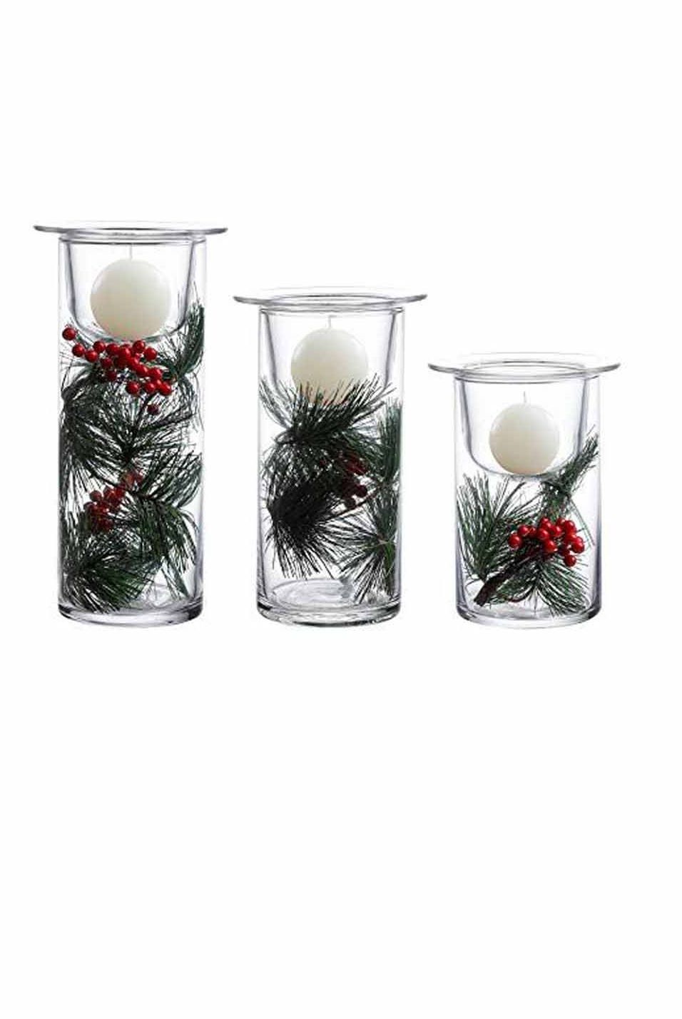 Glass Hurricane Candle Holders with Christmas Ornaments