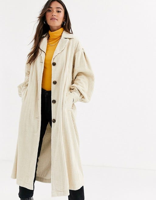 ASOS DESIGN jumbo cord trench coat in cream