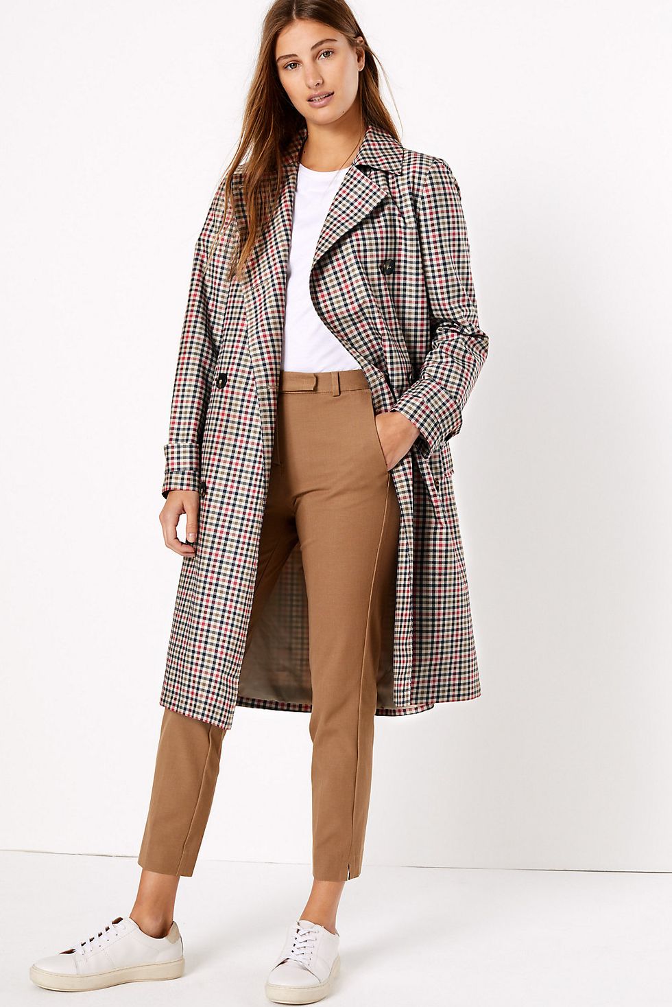 Checked Double Breasted Trench Coat