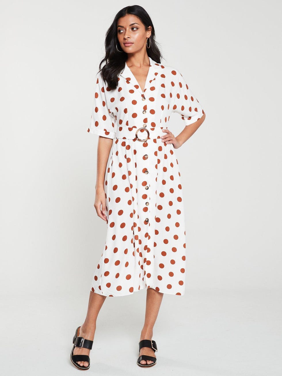 Button Front Buckle Detail Midi Dress - Spot/Print