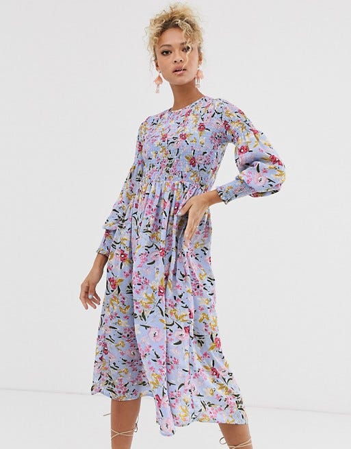 Never Fully Dressed Shirred Midi Skater Dress in Blue Floral Print