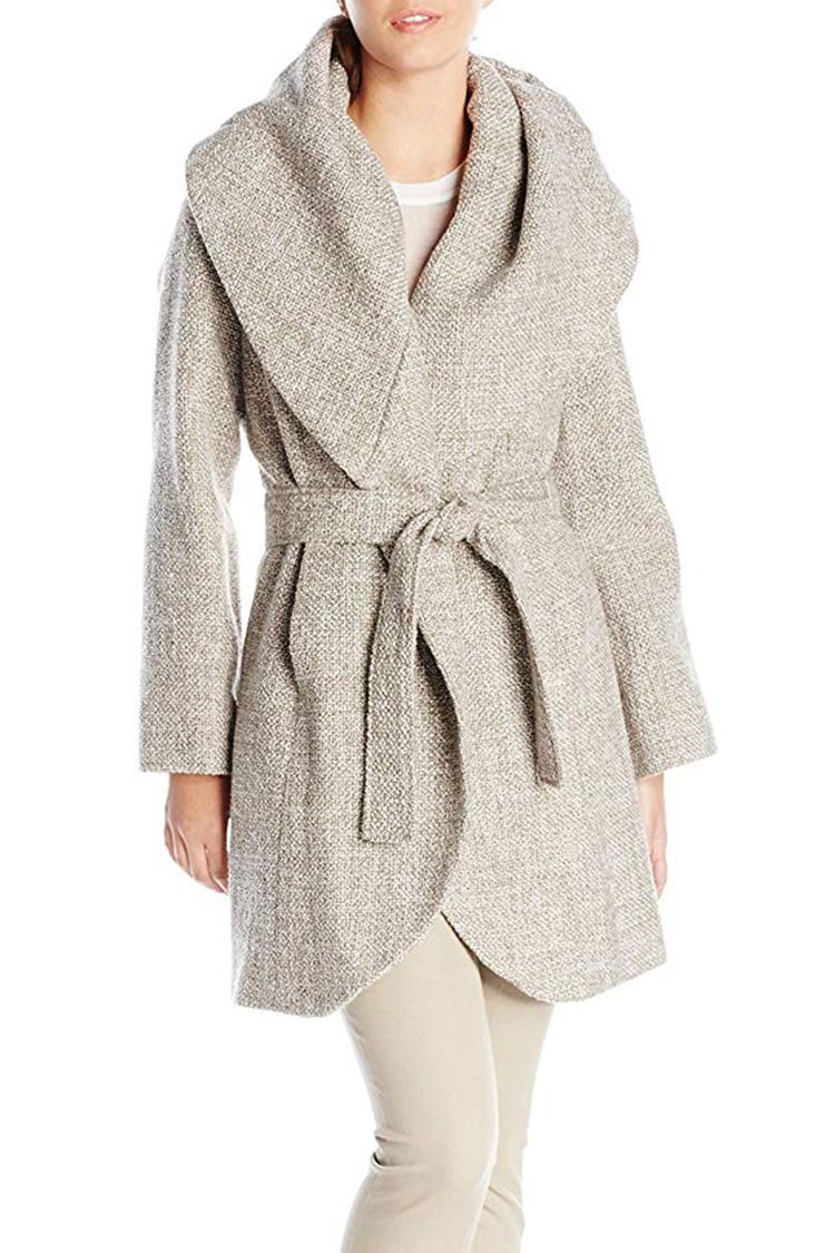 T Tahari Marla Wool Tweed Wrap Coat