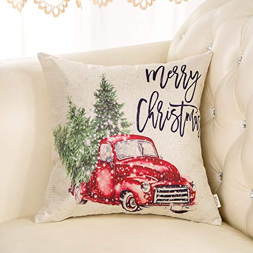 Retro Winter Red Truck Cushion Cover