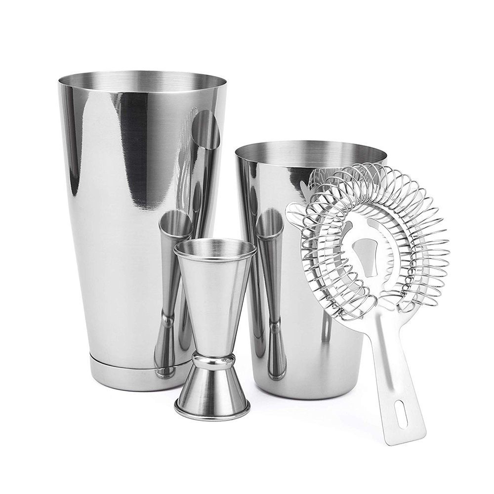 A：Sans fond Eventualx 304 Stainless Steel Boston Cocktail Shaker Set with Mirror Engraved Professional Bar Cocktail Shaker Set