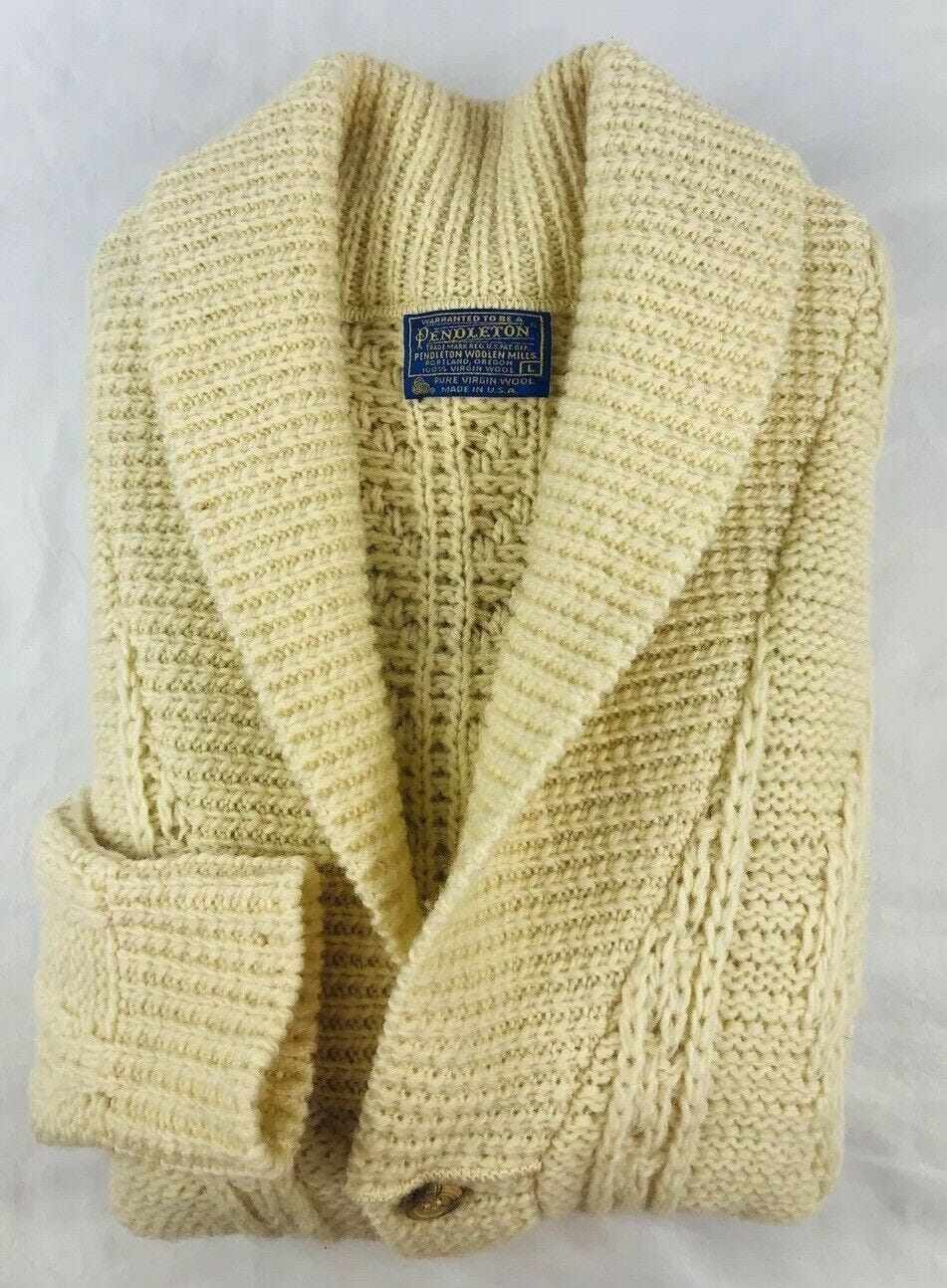 VTG Pendleton Men Ivory Shawl Collar Wool Chunky Fisherman Cardigan Sweater L-XL