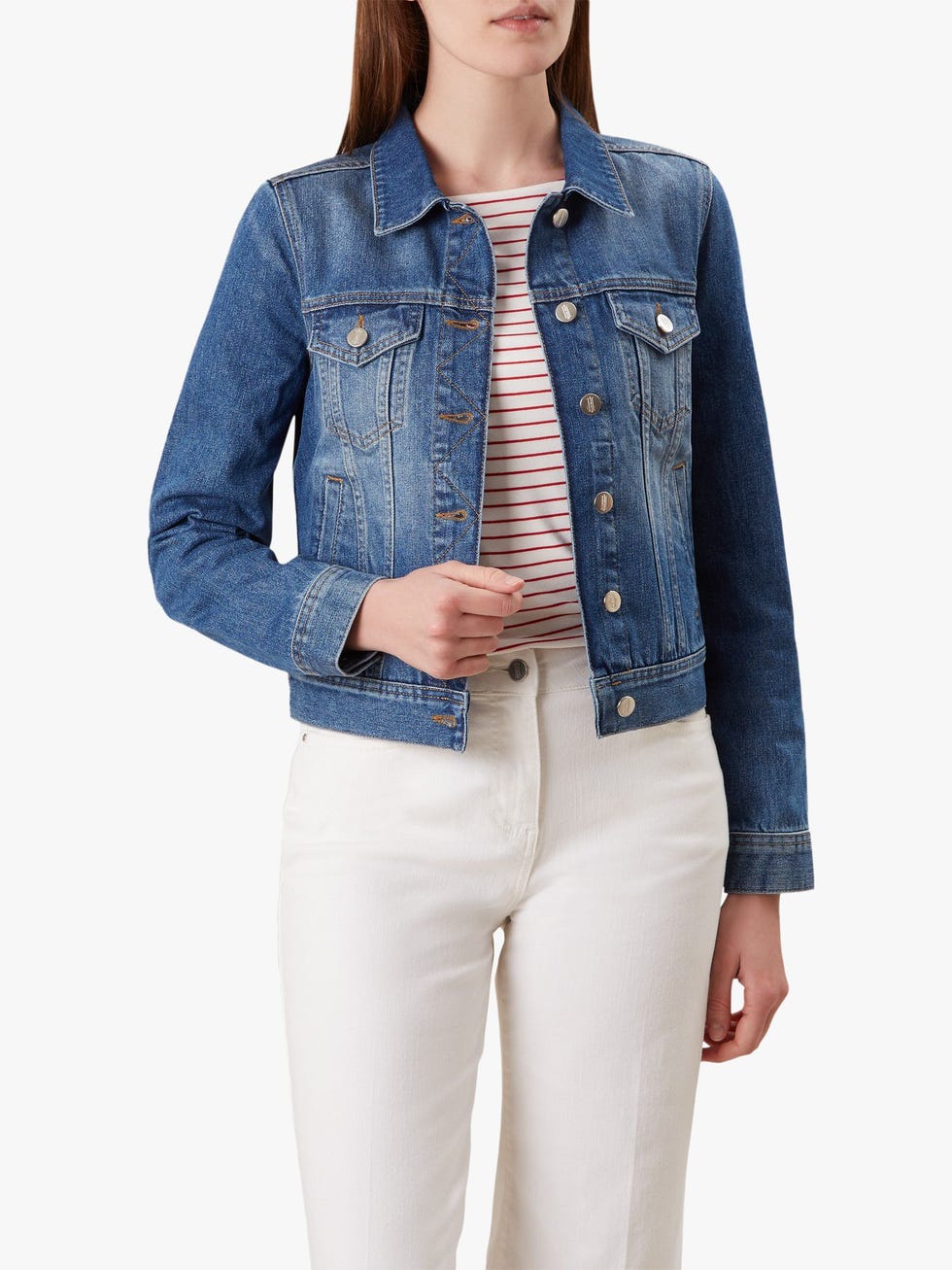 Hobbs Mariam Denim Cotton Jacket, Mid Blue