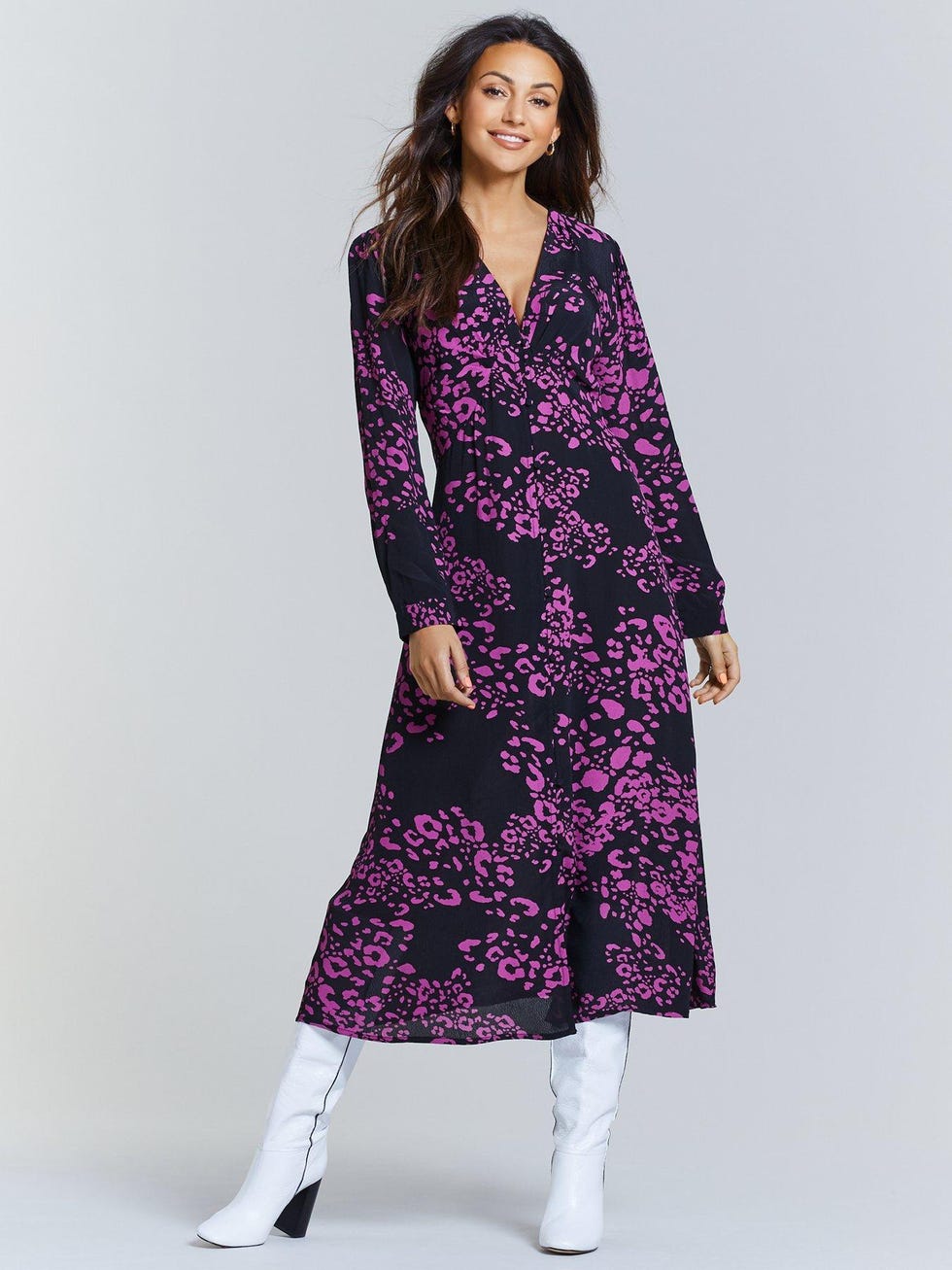 Button Spilt Front Midi Dress - Pink Leopard