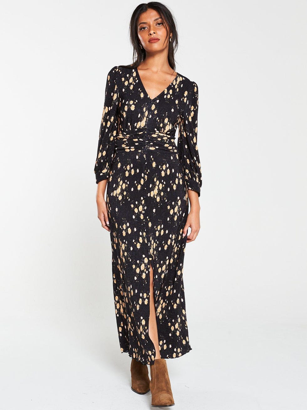 Plisse Button Detail Maxi Dress - Floral Print