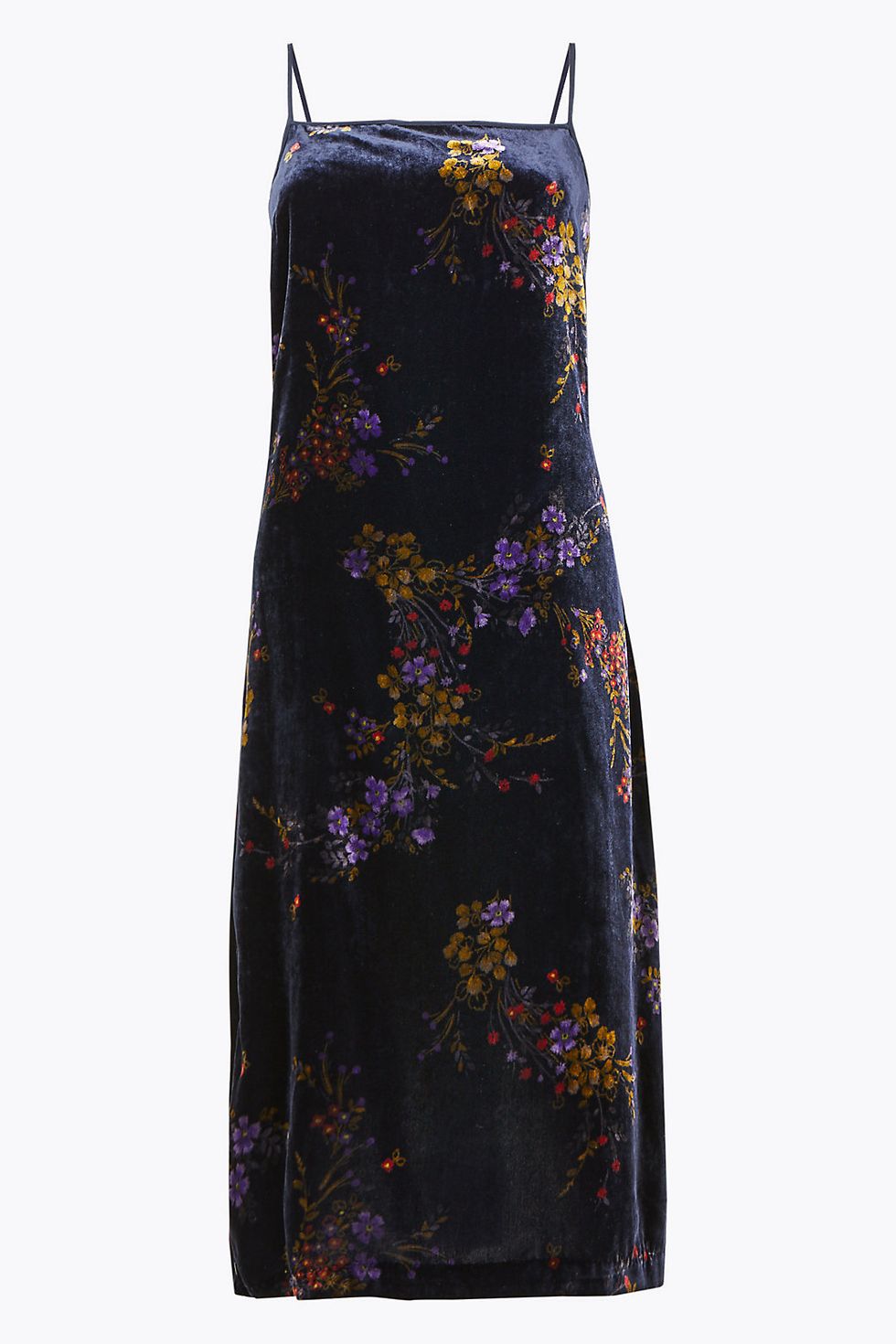 Velvet Floral Print Slip Midi Dress
