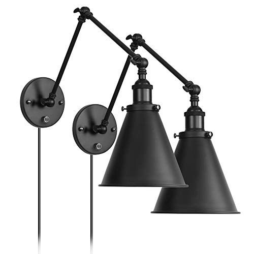 Industrial Black Plug-In Adjustable Arm Wall Lamp (Set of Two)