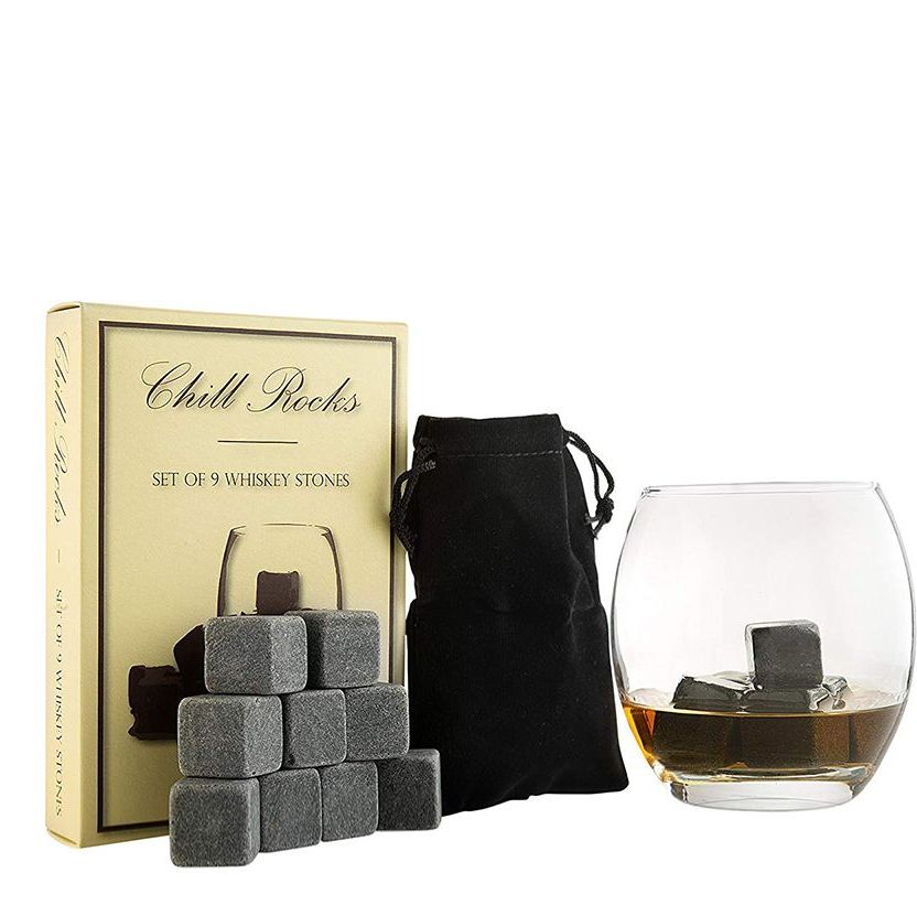 Luxury Whiskey Glass Set of 2, Gift Set in Wooden Box, Includes 9 Whiskey Ice Stones, Velvet Bag and Stainless Steel Tongs. Great Gift for Men, Dad