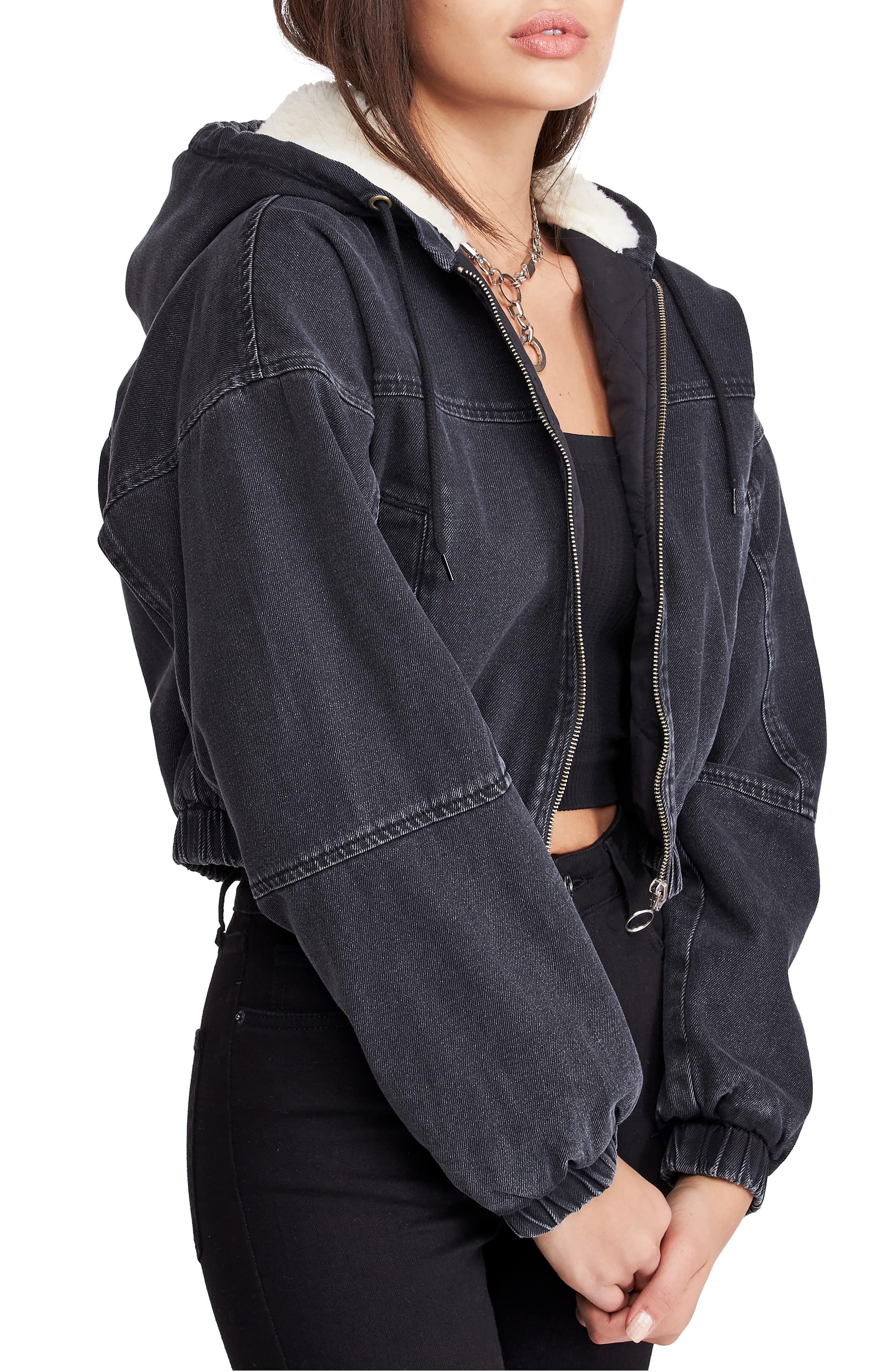 denim jacket with fleece sleeves and hood